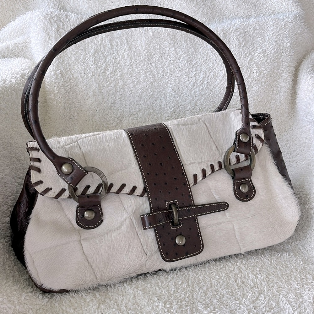 Kate Landry ostrich leather with white hide bag NWT